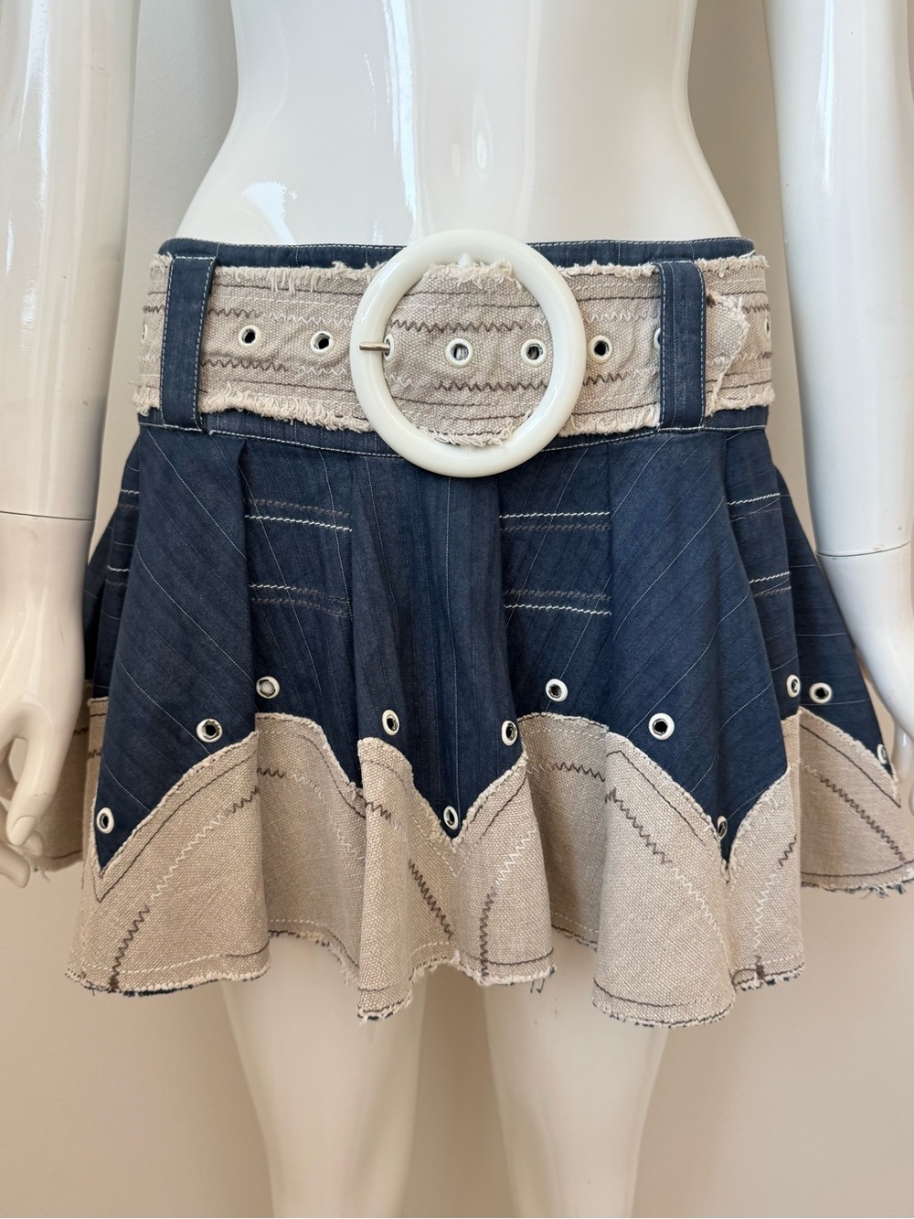 Roberto Cavalli Denim Blue and Beige Mini Skirt with Belt